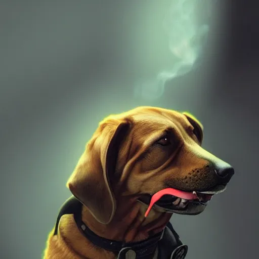 Image similar to a dog wearing smoking a cigar, dramatic lighting, cinematic, establishing shot, extremly high detail, photorealistic, cinematic lighting, concept art, artstation, style by greg rutkowsky