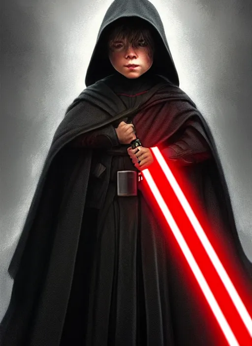 Image similar to perfectly - centered - portrait of a kid wearing black cloak holding light saber, intricate, highly detailed, digital painting, artstation, concept art, smooth, sharp focus, illustration, unreal engine 5, 8 k, art by artgerm and greg rutkowski and alphonse mucha