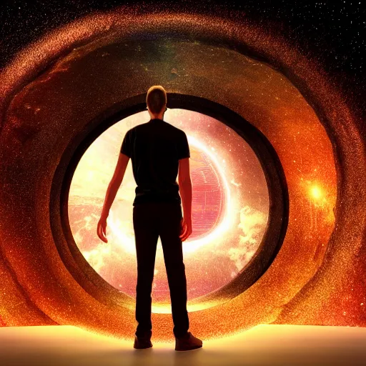 Prompt: Man stands infront of portal to another realm of mind, space, stars, planets, gate, gatekeeper, octane render, lifelike, photorealistic, smooth, concept art,
