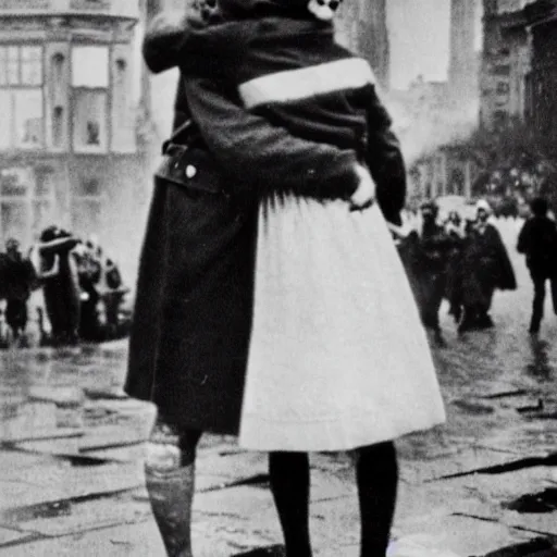 Prompt: Anne Frank hugging Hitler on Dam Square, war photography,