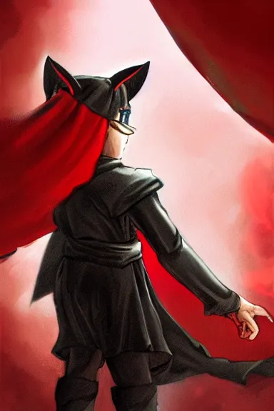 Image similar to little boy with cat ears in an black outfit with red cape. digital painting made by lois van baarle and kentaro miura and marc simonetti, sharpness focus, inspired by hirohiko araki, anatomically correct, heroic composition, hero pose, smooth