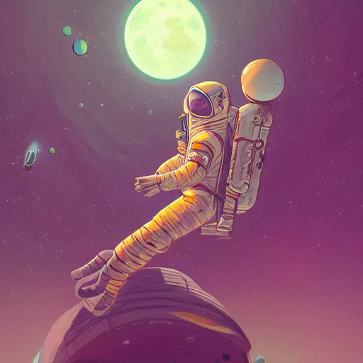 Image similar to an Astronaut lie relaxed on a crescent moon between the stars and the planets in outer space, cosmonaut post grunge concept art,4k, trending on artstation by josan gonzalez and tyler edlin