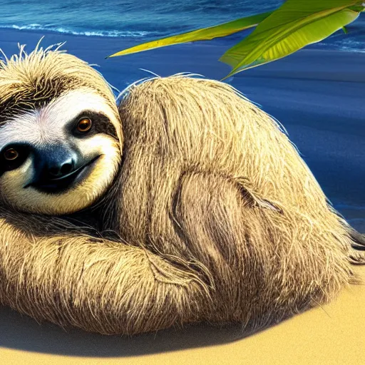 Prompt: a sloth relaxing on a coromandel beach in new zealand, beach bar, award winning, vibrant, highly realistic, digital art, artstation, octane render, 4k