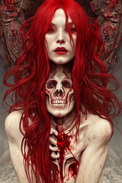 Image similar to woman skeleton covered with blood, long red hair, ultra realistic, concept art, intricate details, highly detailed, photorealistic, octane render, 8 k, unreal engine. art by artgerm and greg rutkowski and alphonse mucha