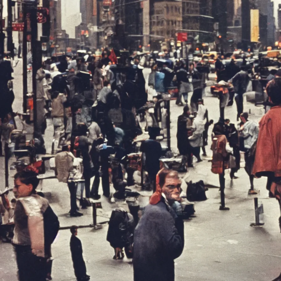 Image similar to portrait in the streets of new york, 1 9 6 0 s, colour film street photography, photo taken with ektachrome, featured on flickr, film grain