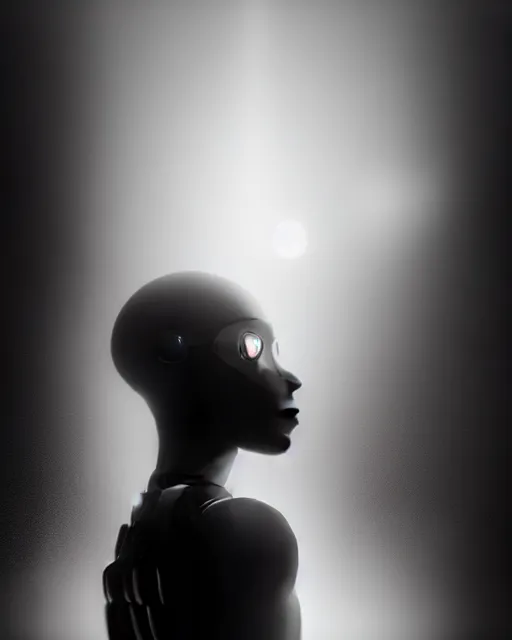 Image similar to black and white high quality photo of a beautiful futuristic female human-cyborg looking into a sci-fi mirror, volumetric lighting, liminal space, brutalism, foggy, dreamy, hyperdetailed, bokeh, photorealistic, cinematic, masterpiece, Metropolis, elegant, dark, octane render, 8K, in the style of Dora Maar