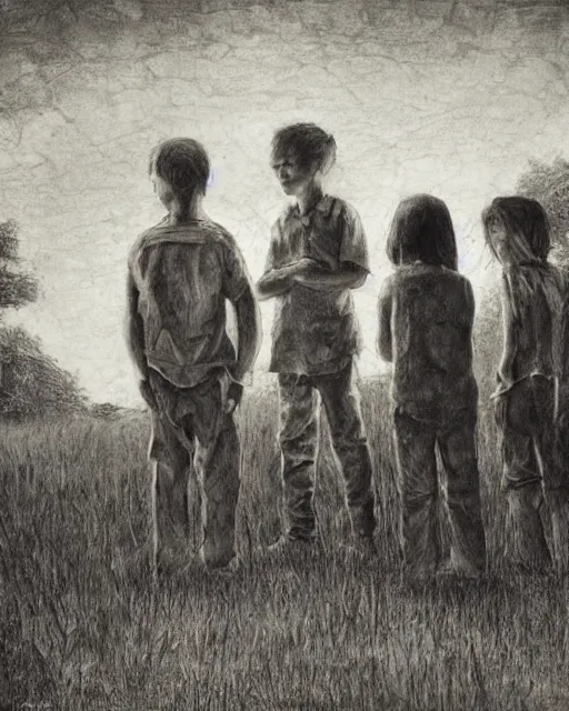 Prompt: group of creep children staring out, black and white character portrait, ultra realistic, concept art, intricate details, war, cinematic, highly detailed by grant wood