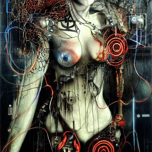 Image similar to depraved cybernetic vampire trapped in circuitry, intricate detail, miro, royo, whealan,