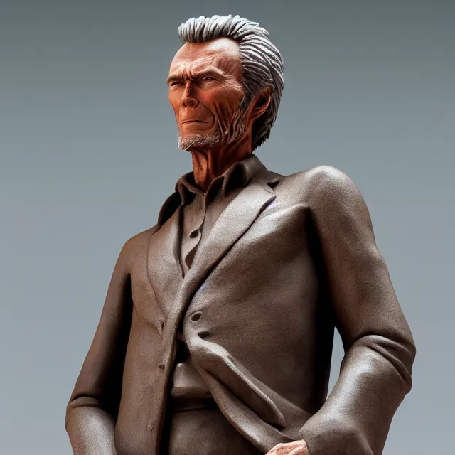 Prompt: photography of a sculpture of Clint Eastwood made of clay by Sebastian Kruger and Michelangelo, 50mm, studio atmosphere, 8K, rim light, octane render, ultra-realistic