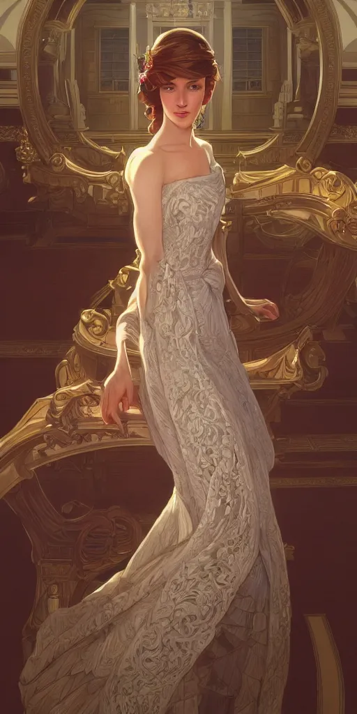 Prompt: mayors beautiful daughter, elegant dress, town hall, intricate, highly detailed, digital painting, artstation, concept art, smooth, sharp focus, illustration, Unreal Engine 5, 8K, art by artgerm and greg rutkowski and alphonse mucha, by Jesper Ejsing