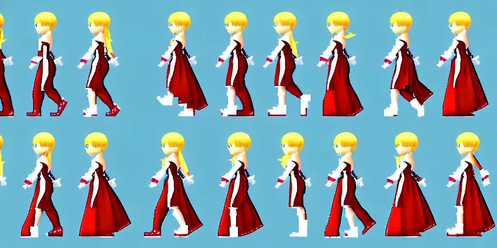 Image similar to walking cycle sprite sheet of a girl in a renaissance dress, walking to the right, each sprite is a different frame of the animation, in the style of final fantasy games, side view of her taking steps, accurate walk cycle, walk cycle, walk cycle, red and white dress