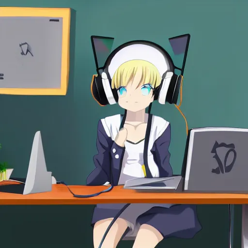 Image similar to anime girl with white hair and blue eyes, wearing cat ear headphones, sitting at desk at keyboard, programming, cute, pixiv, anime