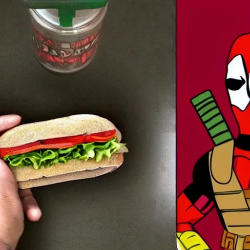 Image similar to deadpool eating a subway sandwhich photorealistic