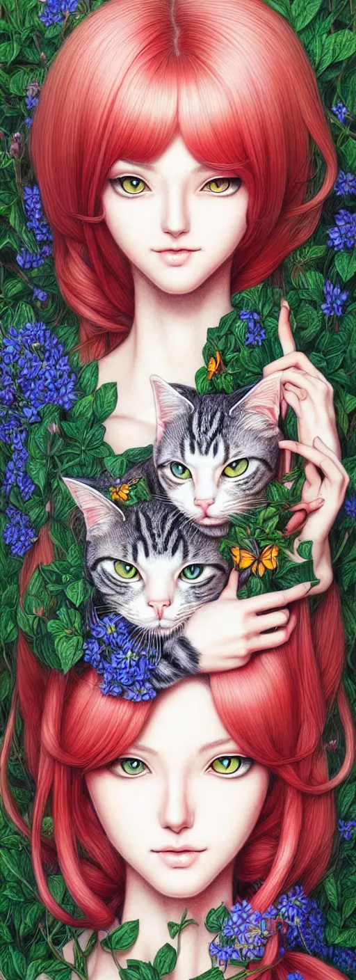 Image similar to richly detailed color pencil illustration of a portrait of a stylish gardener woman hypnotic cat, by artgerm and range murata rendered with 3 d effect.