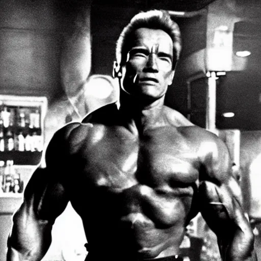 Prompt: the Arnold Schwarzenegger as the Terminator in a bar