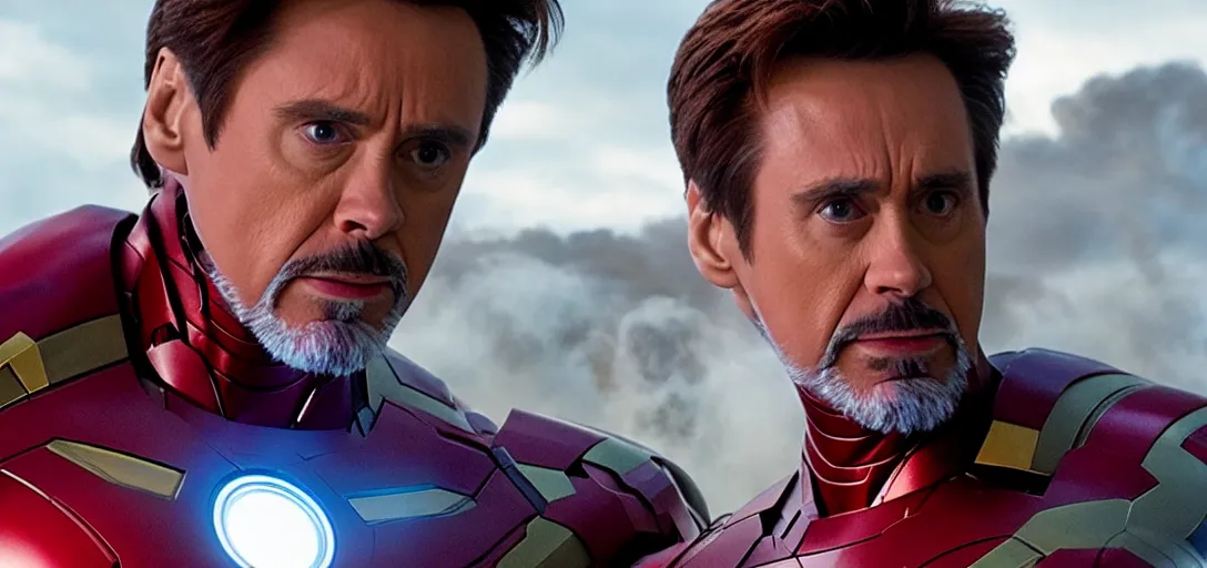 Image similar to jim carrey as iron man, cinematic lens, heroic shot, full shot, from avengers endgame