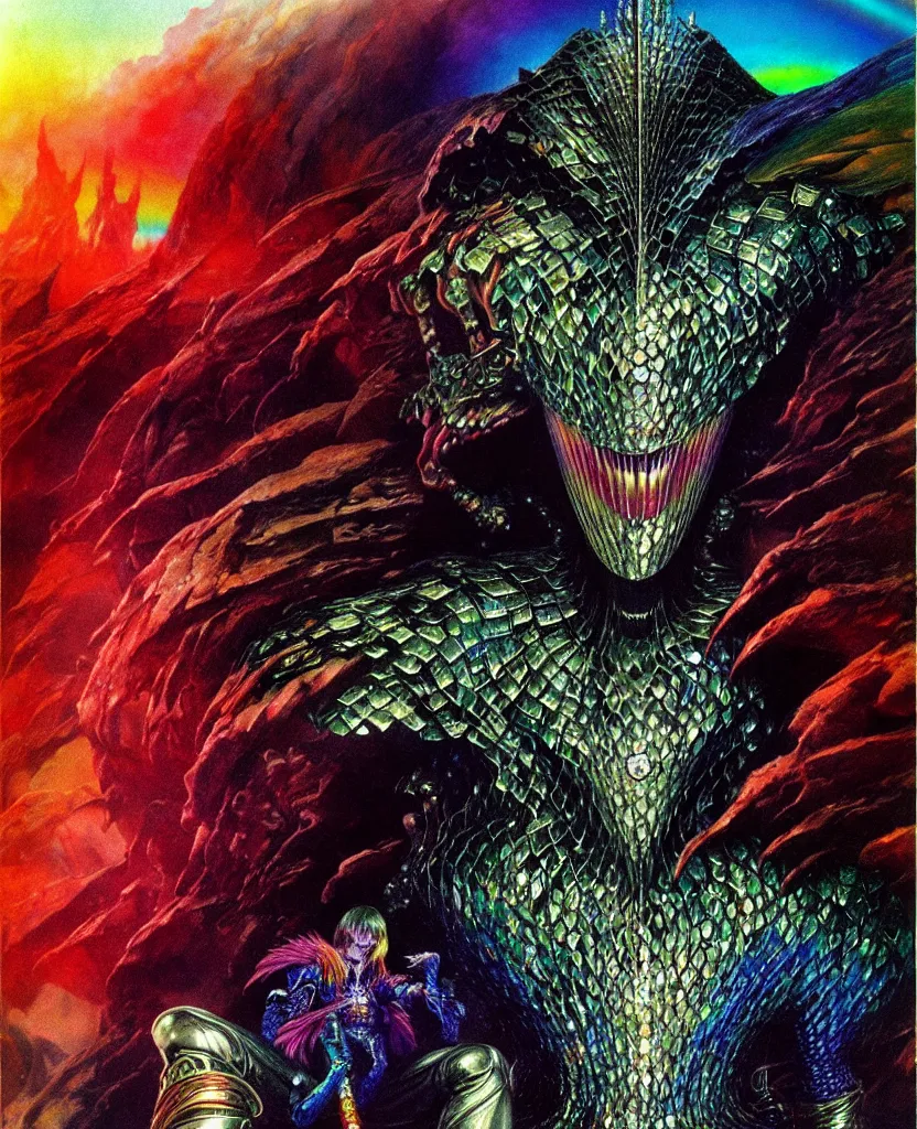 Image similar to realistic detailed image of ultra wrathful rainbow diamond iridescent mega griffith from berserk, depth perception, depth of field, action horror by ayami kojima, neo - gothic, gothic, part by adrian ghenie and gerhard richter. art by roger dean. masterpiece