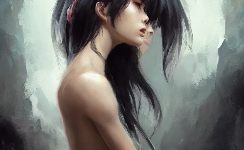 Prompt: a painting of aki trending on artstation in the style of greg rutkowski, beautiful, sensual, natural skin, horns on head, long black hair