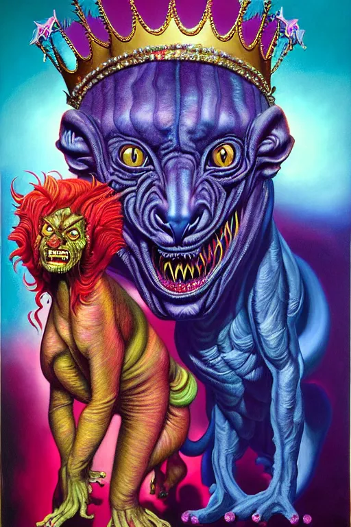 Image similar to a hyperrealistic painting of a hideous transparent chimera being crown prom queen and prom king, cinematic horror by chris cunningham, lisa frank, richard corben, highly detailed, vivid color,