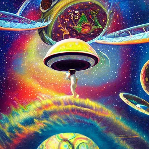 Prompt: a hyper detailed high painting with many complex textures of a boy playing and jumping, just being happy and free in the cosmos, cosmic surreal psychedelic magic realism spiritual ufo art, conceptual fine art