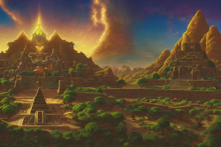 Prompt: zelda botw, epic forgotten temple, art by tim hildebrandt, dramatic lighting, desert colours, unreal engine, very elegant, wide angle lens