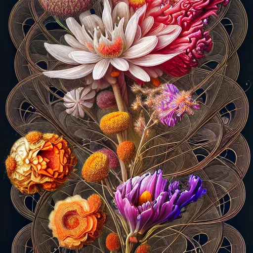 Image similar to an ultra hd detailed painting of many different types of flowers by Android Jones, Earnst Haeckel, James Jean. behance contest winner, generative art, Baroque, intricate patterns, fractalism, movie still, photorealistic