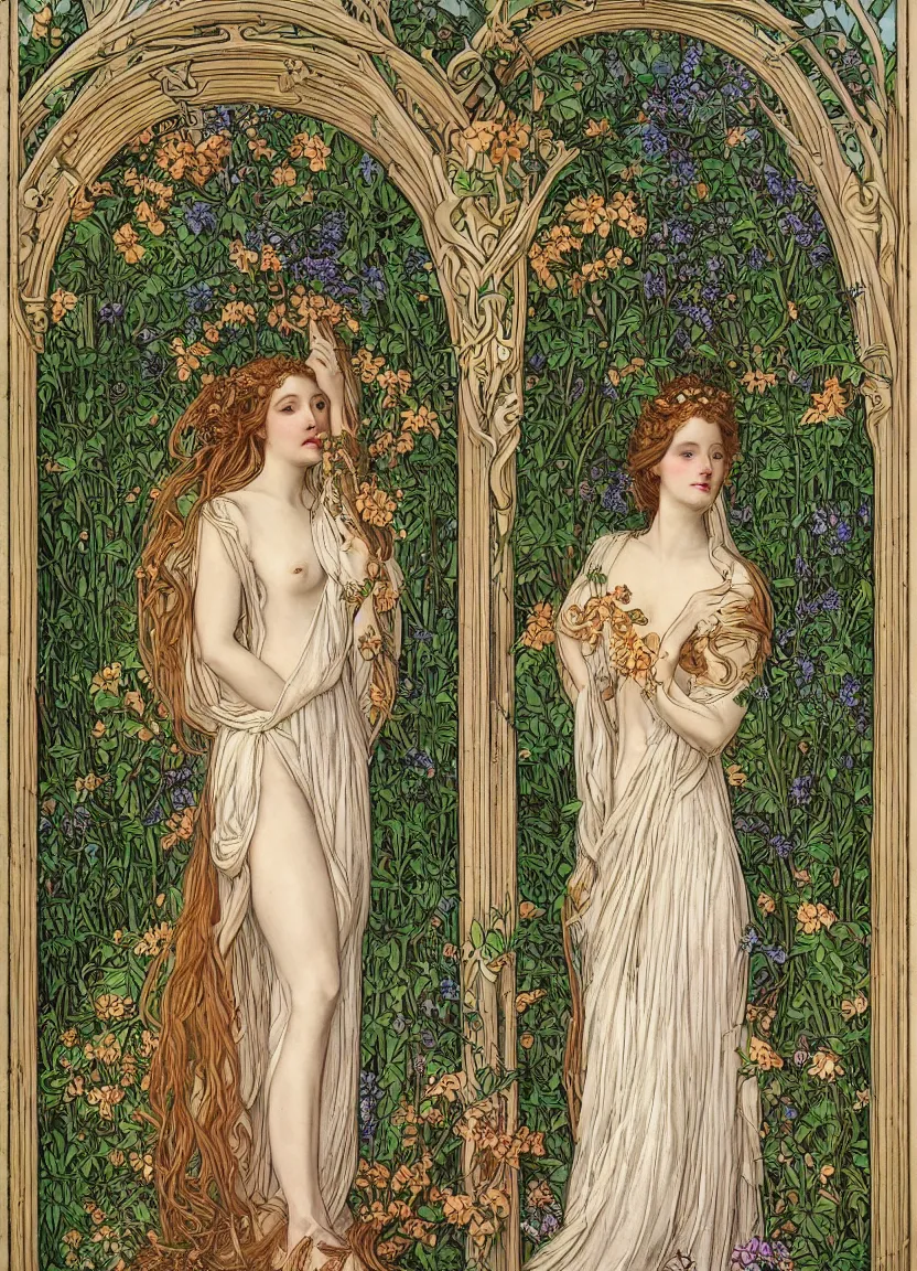 Image similar to Singlular stunning Art Nouveau goddess standing in an arched doorway with a garden behind her in the Spring by Elisabeth Sonrel, intricate, beautiful, artstation 8k, high resolution