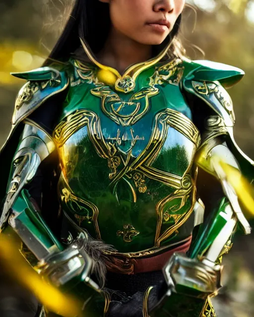 Image similar to a beautiful close up photo of a Filipina female elf ranger with long hair and green eyes, no helmet, wearing green and gold futuristic mecha armor, with ornate rune carvings and glowing lining, very detailed, shot in canon 50mm f/1.2