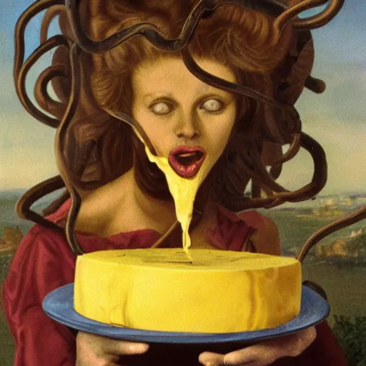 Image similar to medusa eating a large wheel of cheese, color film, photorealistic,