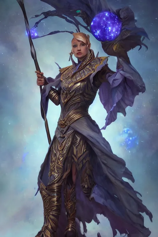 Image similar to portrait of the dome diceling dancer wearing galaxy hall cape and magical druid staff by artgerm and Craig Mullins, James Jean, Andrey Ryabovichev, Mark Simonetti and Peter Morbacher 16k