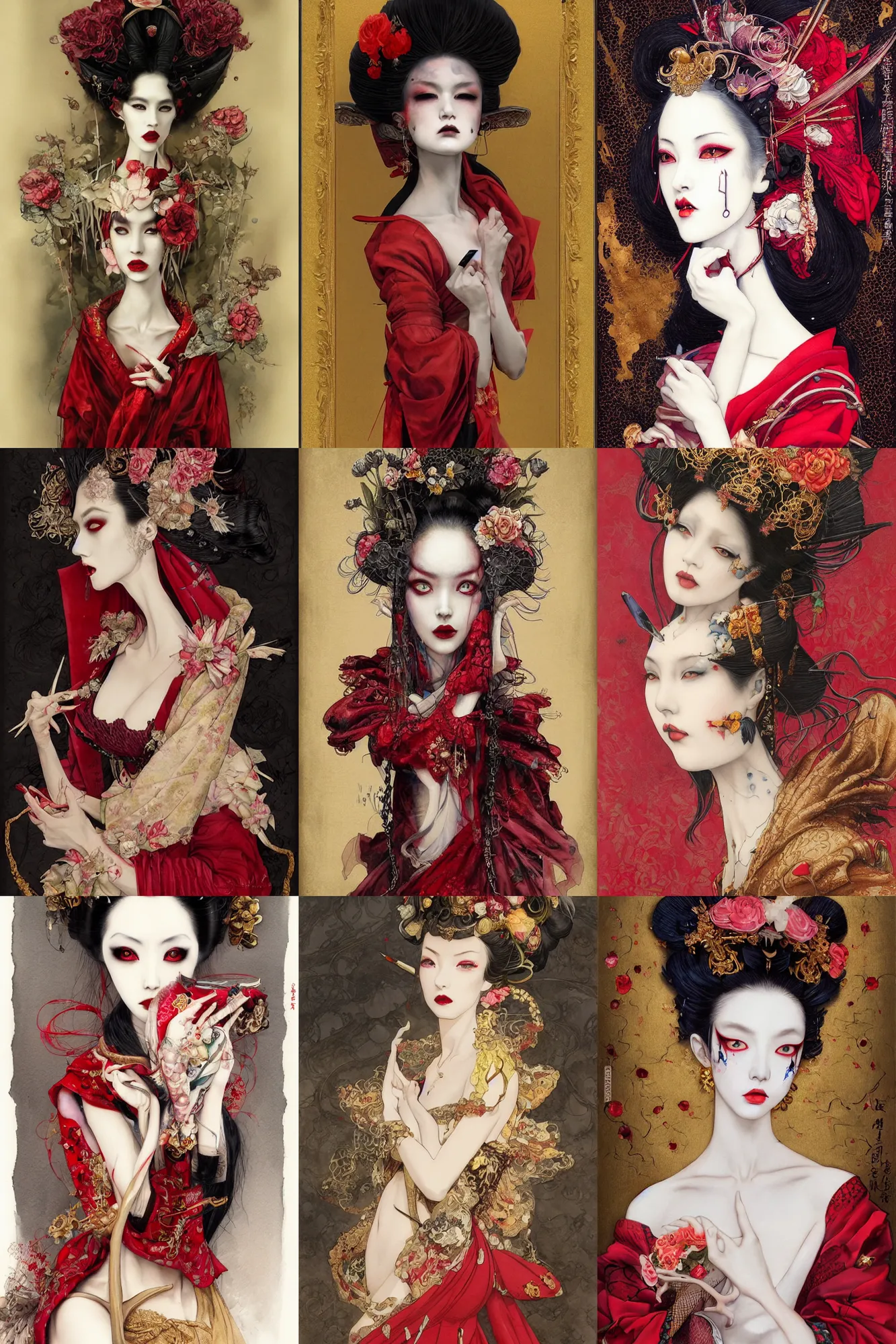 Prompt: watercolor painting of avant - garde portrait of a lotita bjd geisha vampire queen with a long neck in a victorian red dress painted by yoshitaka amano, tom bagshaw, ayami kojima, intricate detail, artstation, artgerm, in the style of dark - fantasy rococo, gold leaf art, sakura flowers