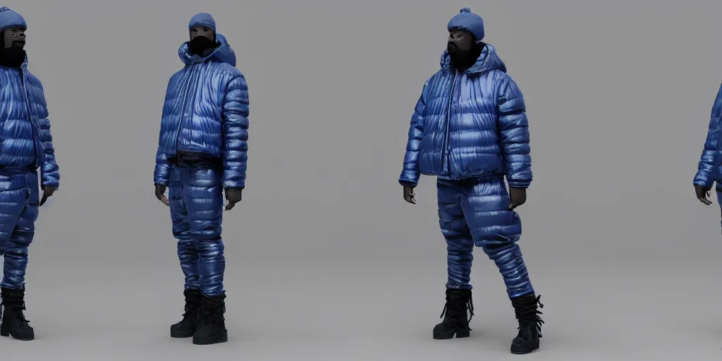 Prompt: kanye west wearing a cloth black face covering mask, a small, tight reflective bright blue puffer jacket made of nylon, jeans pants made and big black rubber boots in 3 d, blender, octane render, 3 d render, realistic, unreal engine, studio light, 4 k, 8 k