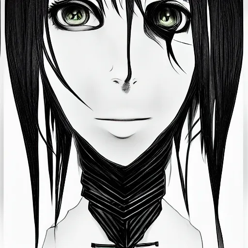 Image similar to headshot art of a goth anime woman, attractive, symmetrical face, trending on artstation, black and white watercolor