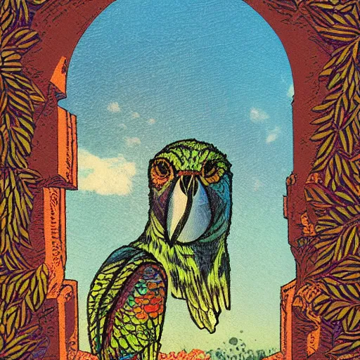 Image similar to impressionist synthwave ancient city angle parrot ivy woodcut nut , by Joe Jusko and Jakub Rozalski and Moosa Al Halyan , surrealist , abstract , tarot card