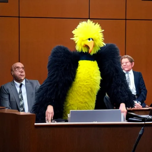 Image similar to big bird gives testimony in a court room wearing a suit