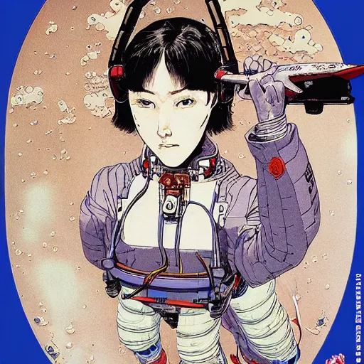 Image similar to portrait of female demon naraka astronaut painted in miyazaki color style drawn by katsuhiro otomo and takato yamamoto, high detail, intricate linework, sharp, smooth face, china doll face, high detail, manga and anime