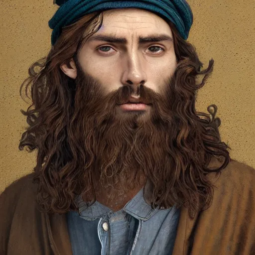 Prompt: a ridiculously good looking hipster jesus that looks like a jewish gigachad, long curly hair, elegant ancient greek dress, very detailed, coast as the background, drinking espresso at a cafe in jerusalem, wearing a jean jacket and a beenie, waxed beard, very detailed, beautiful, intricate, art by greg rutkowski and rembrandt, octane render