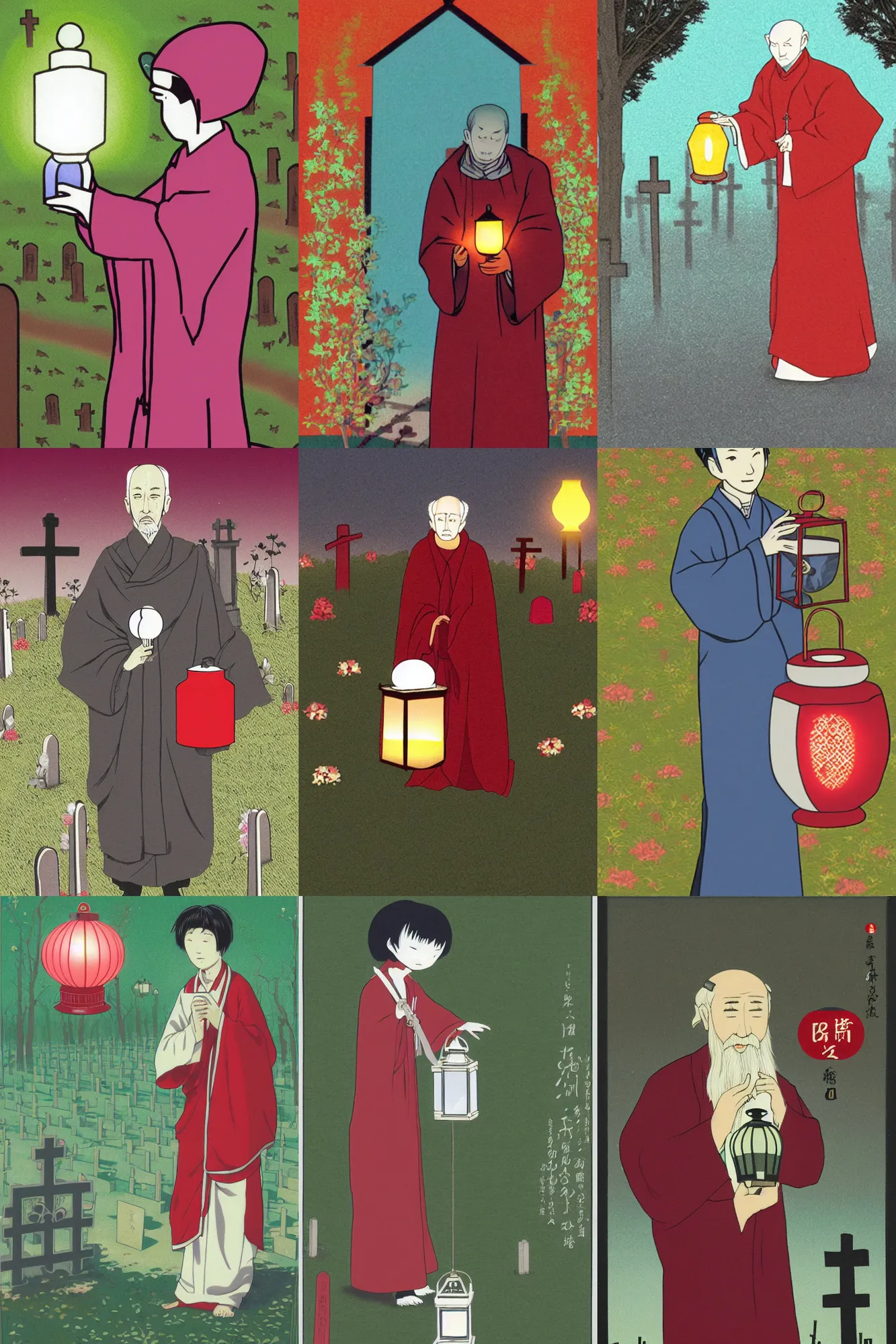 Prompt: male senior cleric holding a lantern in a cemetery, artwork by Chiho Aoshima, red color bleed