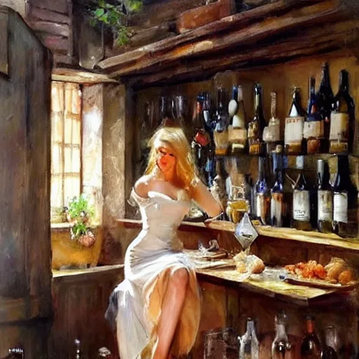 Image similar to beautiful blonde in hot dress in a wine cellar, food, pork, beer, schnapps, rustic, traditional, torches on the wall, acrylic painting by vladimir volegov and anders zorn, highly detailed, beautiful interior, masterpiece