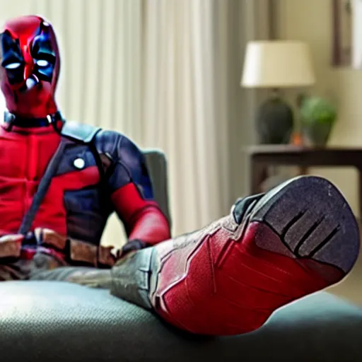 Image similar to a still of deadpool relaxing at home feet up on table