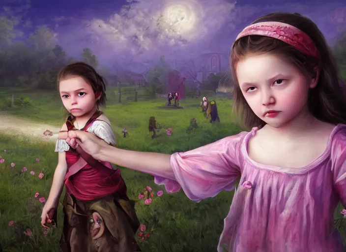 Image similar to a little girl with a cross fights off terrified demons, clear face and bright eyes. 8 k, matte painting, lowbrow in the style of lilia alvarado, mark ryden and martin johnson heade,