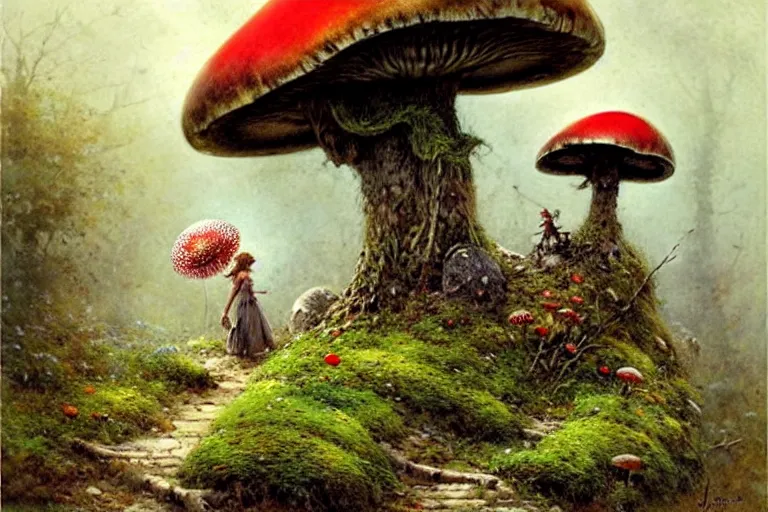 Image similar to adventurer ( ( ( ( ( 1 9 5 0 s retro future forrest of giant mushrooms, moss and flowers stone bridge. muted colors. ) ) ) ) ) by jean baptiste monge!!!!!!!!!!!!!!!!!!!!!!!!! chrome red