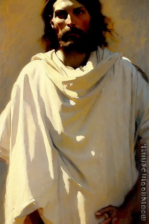 Image similar to leyendecker and solomon joseph solomon and richard schmid and jeremy lipking victorian loose genre loose painting full length portrait painting of jesus