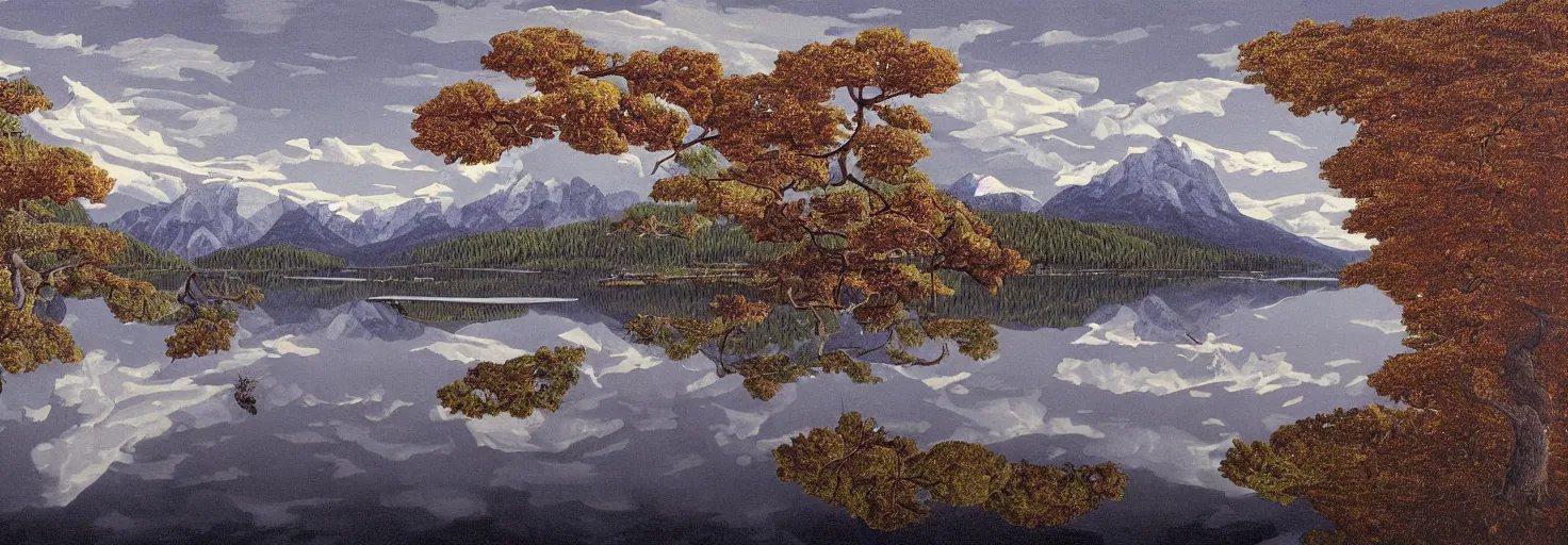 Image similar to escher painting of a lake, big trees reflecting on lake surface, mountains at background, snowy, ultra sharp, ultra detailed, horror emotion, colorized by salvador