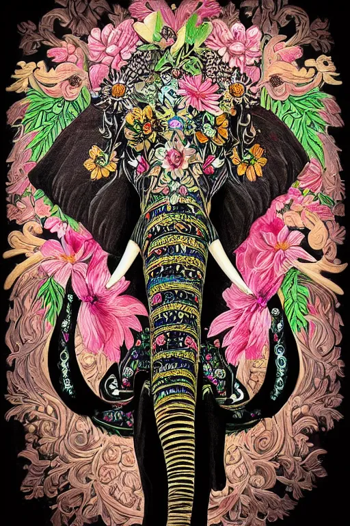 Prompt: Painted dark-wood relief carving of a Flowerpunk Matriarch Elephant, explosion of colorful flowers, dark wood, intricately carved, black ink, festival of rich colors, intricate details, cinematic lighting, volumetric lighting, backlit, post-processing, by andreas rocha and john howe, and Martin Johnson Heade, featured on artstation, featured on behance, golden ratio, ultrawide angle, hyper detailed, photorealistic, epic composition, wide angle, f32, well composed, UE5, 8k