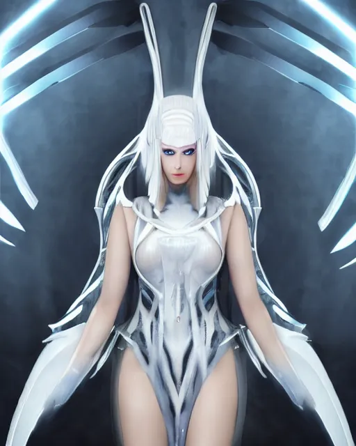 Image similar to perfect white haired attractive egyptian goddess with huge white dove wings, warframe armor, beautiful, symmetric, dreamy, half asian, pretty face, blue eyes, detailed, scifi platform, laboratory, experiment, 4 k, ultra realistic, epic lighting, android body, illuminated, cinematic, masterpiece, art by akihito tsukushi, voidstar