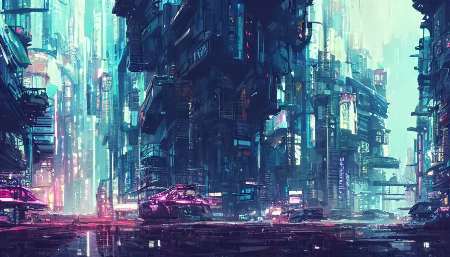 Prompt: A beautiful picture of an establishing shot of a cyberpunk neo tokyo cityscape by Sergey Vasnev and Ismail Inceoglu , trending on artstation.