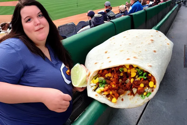 Prompt: obese woman eating a giant burrito sitting at a baseball game, photograph,