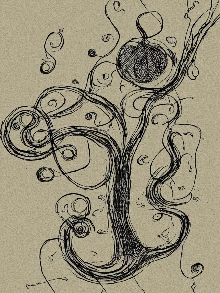 Prompt: abstract single line drawing of an acorn growing into a tree in shape of treble clef, splash of color, grainy vintage illustration