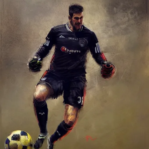 Image similar to A realistic hyperdetailed multi-colored digital oil full body portrait painting of a fat goal keeper saving a penalty, black jersey, short hair, in the style of Guy Denning, Ruan Jia, and Craig Mullins. Trending on ArtStation and DeviantArt. CGSociety Digital art.